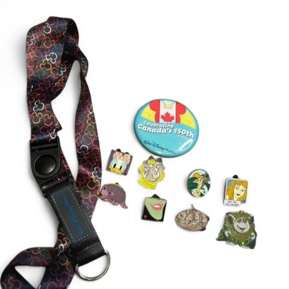 Disney Parks Pin Trading Starter Set - Mickey Lanyard, 8 Pins & Button Lot